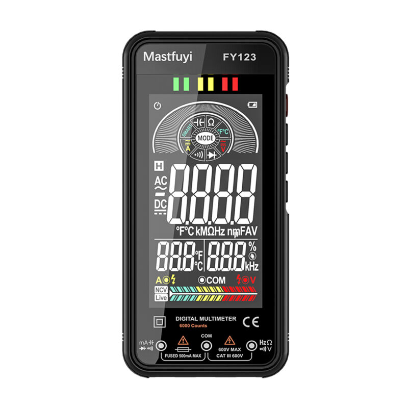 Multimètre numérique intelligent Mastfuyi FY123, 6 000 points, True RMS, tension 600 V CA/CC, courant, résistance, continuité, capacité, fréquence,