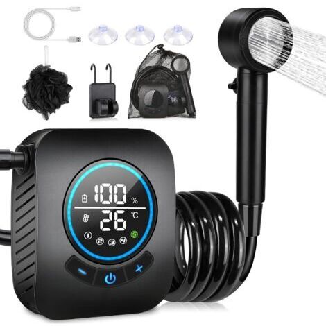 Douche Camping,Douche Portable,Kit Douche de Camping,Pompe de Douche Électrique Rechargeable,avec Afficheur Intelligent et Pomme de Douche 4 Modes pour Extérieure,Camping,Animaux
