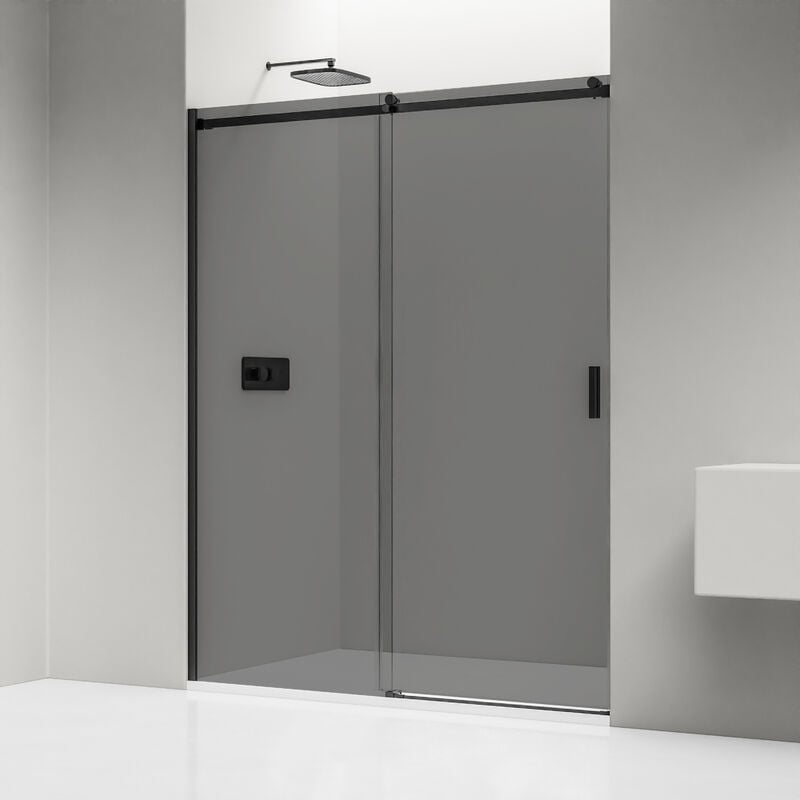 Paroi de douche en niche avec 1 panneau et porte coulissante en Verre teinté noir esg, Profilé noir mat - NT806 flex - Options au choix1200mm, verre