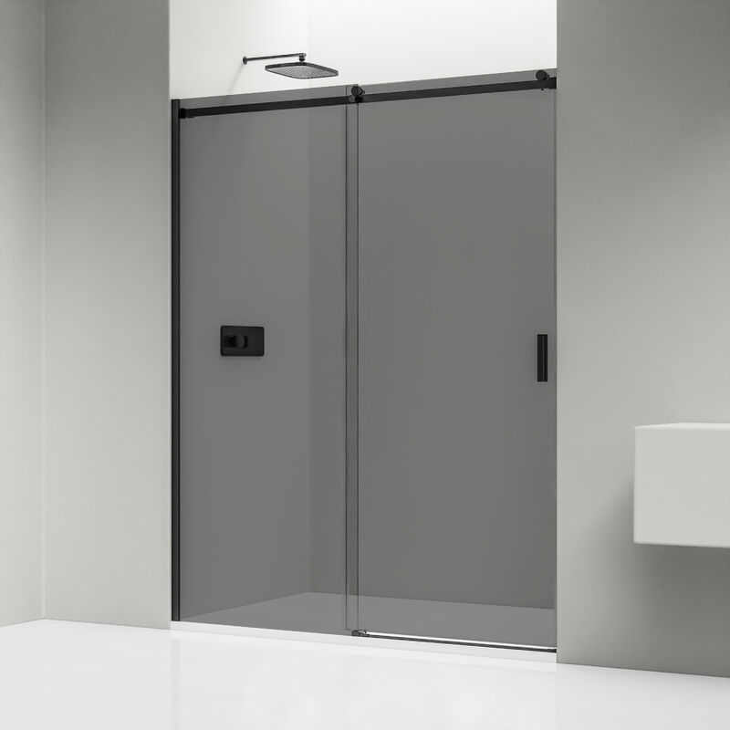 Paroi de douche en niche avec 1 panneau et porte coulissante en Verre teinté noir esg, Profilé noir mat - NT806 flex - Options au choixverre esg de