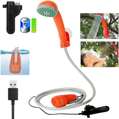 Douche de camping Douches de Randonnée Voyage avec 2200 mAh Rechargeable Batterie,Câble USB,Pompe à Eau,2m Tuyau,Ventouses et Crochets