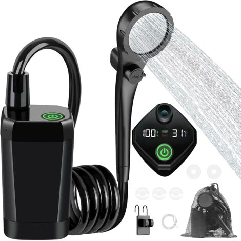 Douche de Camping, Kit Douche Portable 6000mAh Rechargeable avec écran LED Intelligent 3 Modes de Douche IPX7 Etanche Convient pour Extérieure, Camping, Randonnée