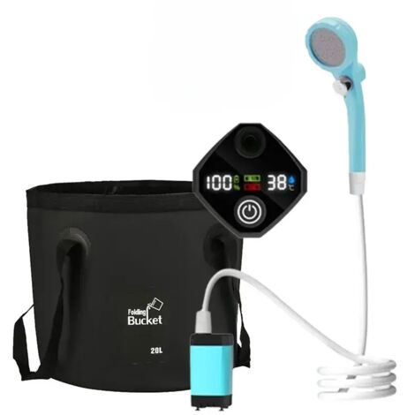 Douche de camping portable (6000 mA, bleu ciel) avec pompe rechargeable et sac pliable de 20 L inclus. Idéale pour les voyages, le jardinage et le lavage de voiture.