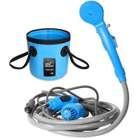 Douche de Camping Portable, Douches de Randonnée avec Pompe Immergée, Batterie-li 2200mAh Rechargeable, Deux Têtes de Douche de Rechange et Un Seau Pliable pour Camping Randonnée