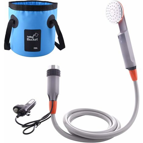 Douche de Camping Portable, Douches de Randonnée avec Pompe Immergée, Batterie-li 2200mAh USB Rechargeable, Deux Têtes de Douche de Rechange et Un Seau Pliable pour Camping Randonnée