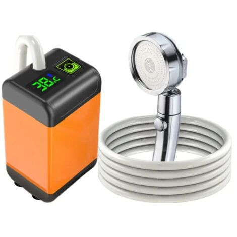 Douche de camping portable électrique avec pompe et affichage numérique (7800 mAh, thermomètre intégré), étanche IPX7, pour la plage et la randonnée. Idéale pour le camping, la plage et la randonnée.