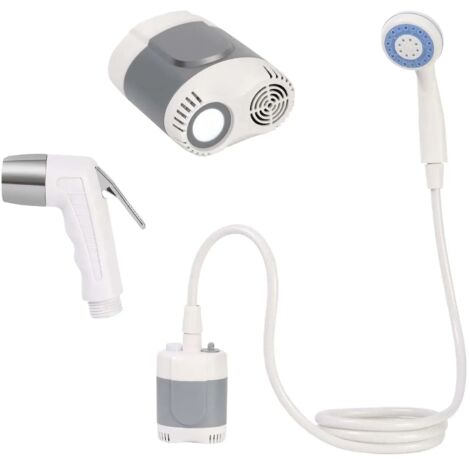Douche de camping portable (grise) avec tuyau et pulvérisateur, pompe de douche électrique rechargeable pour l'extérieur, idéale pour le nettoyage des animaux et la douche.