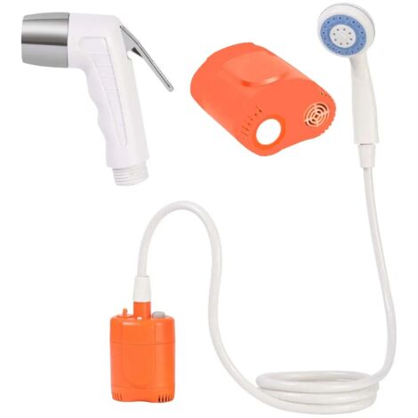 Douche de camping portable (orange) avec tuyau et pulvérisateur, pompe de douche électrique rechargeable pour l'extérieur, idéale pour le nettoyage des animaux et la douche.
