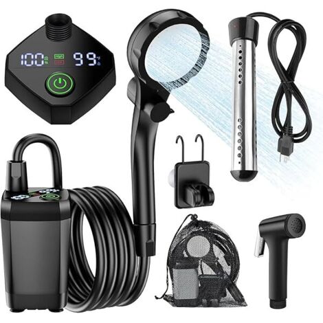 Douche De Camping Portable - Pompe Électrique 4 L/min - Chauffe-Eau Immersion 1500 W - Batterie Rechargeable 6000 mAh - 4 Modes De Pulvérisation - Étanche IPX7 - Pour Camping Randonnée Voyage Voiture 