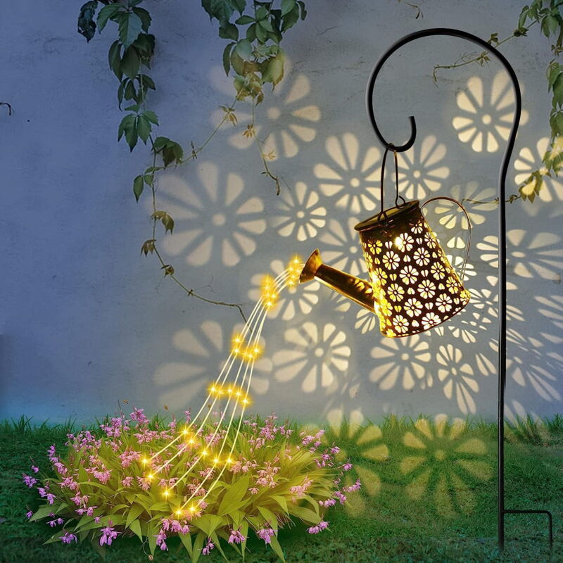 Douche de jardin solaire avec arrosoir et led étoilée, cascade féerique d'extérieur avec support pour maison, allée, patio, cour, pelouse