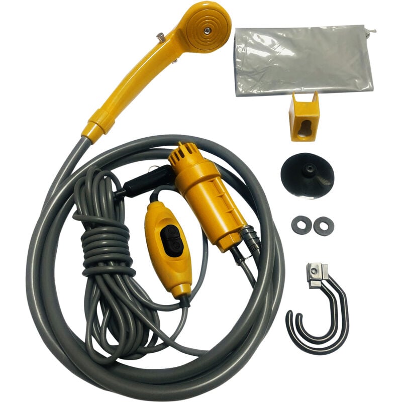 Douche d'extérieur portable avec pompe à eau et prise allume-cigare pour camping, lavage d'animaux de compagnie, voyage