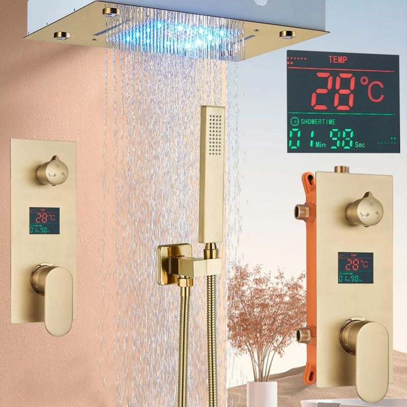 Suguword - Colonne Douche encastrée doré brossé ,Système de douche avec valve de montage mural Pommeau de douche à pluie carrée de 4935cm, douche,or