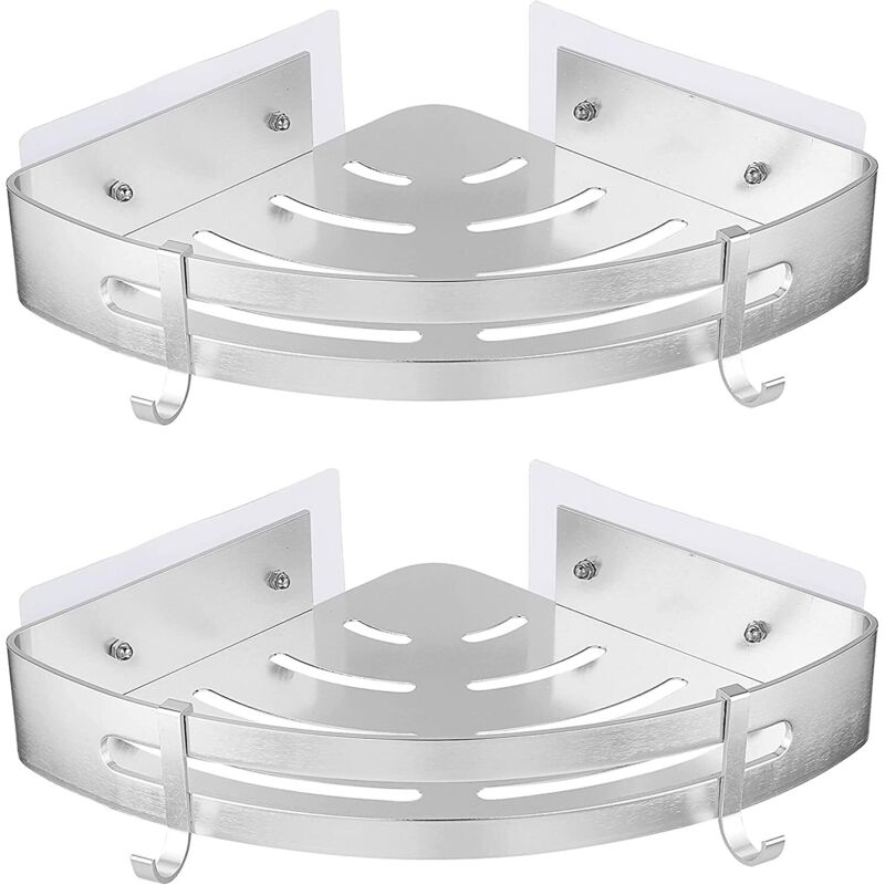 Douche Etagère Montage sans Perceuse Toilettes Serviteur Douche Adhésive Murale Douche Étagère Aluminium Antirouille 2 Niveaux Triangulaire Argentée