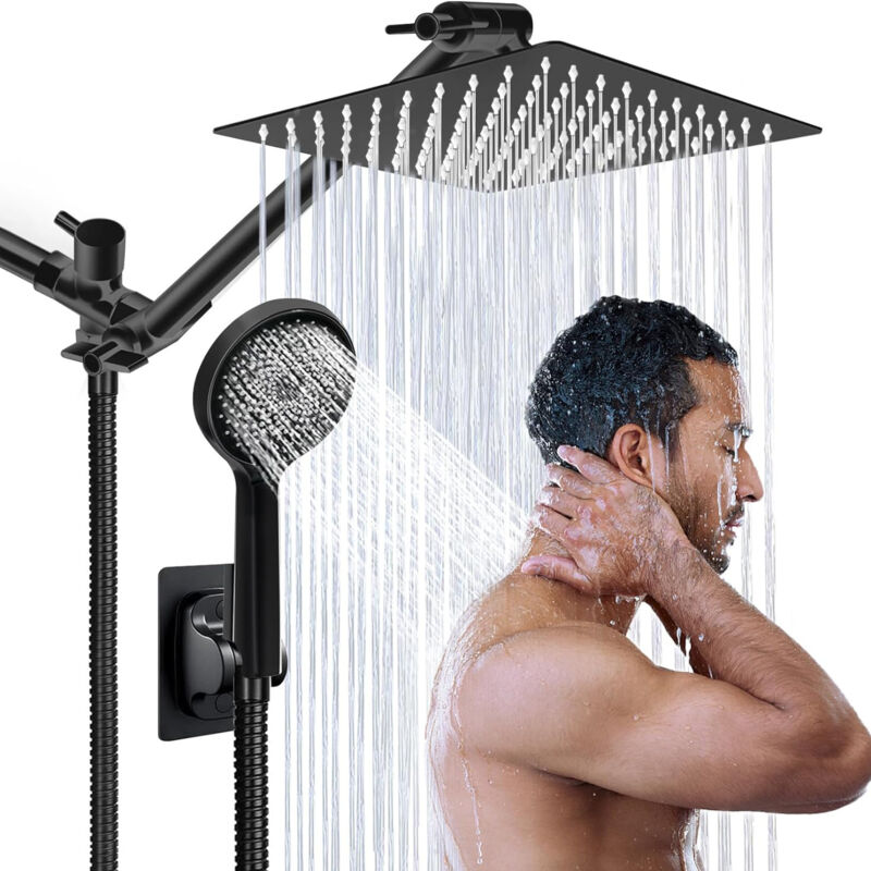 Douche étoile à main à 3 fonctions, tige d'extension en acier inoxydable, pulvérisation supérieure carrée, ensemble de bain noir