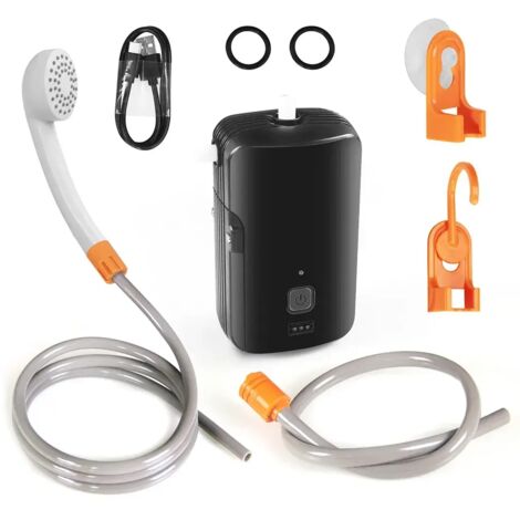 Douche extérieure portable avec pompe électrique étanche et deux niveaux de débit, idéale pour le camping, la randonnée, les voyages et le bain des animaux.