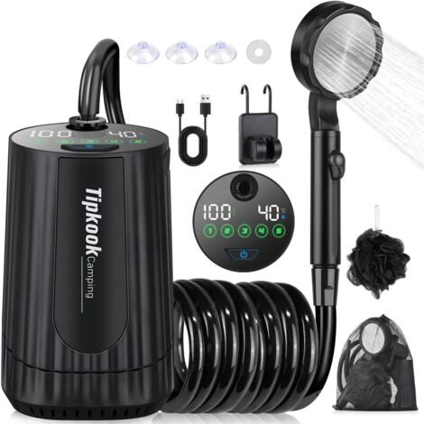 Douche Portable, [10000mAh] Douche de Camping,Électrique Rechargeable,Imperméable, avec Afficheur Intelligent et Pomme de Douche 5 Modes pour Extérieure,Camping,Randonnée