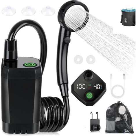 Douche portable  6000 mA pour le camping, douche électrique rechargeable d'extérieur avec affichage numérique intelligent, noire