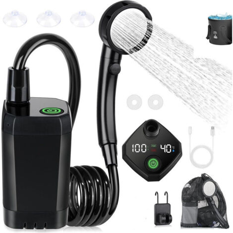 Douche Portable 6000 mAh pour Camping, Électrique Rechargeable avec Affichage Numérique, Noir