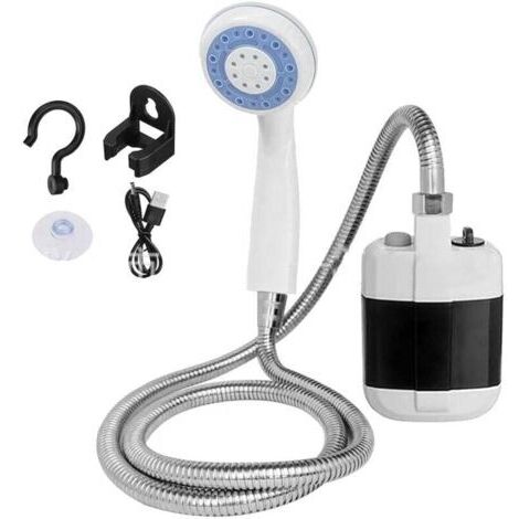 Douche portable de camping alimentée par batterie – Matériau ABS – Longueur tuyau 1,5m – Débit 4 à 5L/min pour usage extérieur