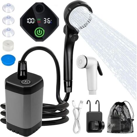 Douche Portable - Pompe Électrique 6000 mAh - Affichage Numérique LED - Étanche IPX7 - 4 Modes de Pulvérisation - Pour Camping, Plage, Randonnée, Nettoyage Animal