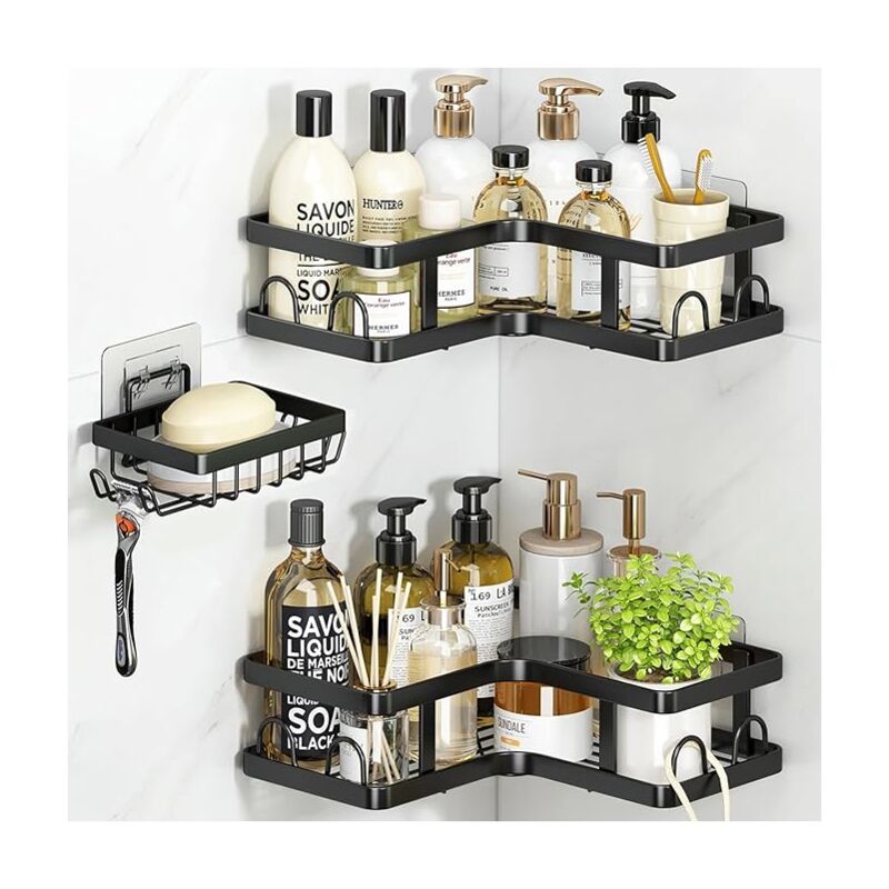 Douche sans Percage, 3 Pièces Etagere Salle De Bain Angle Avec Porte Savon Douche, Support Gel Douche Salle De Bain Porte Shampoing Douche
