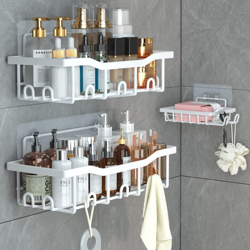 Douche sans Percage, Rangement Salle de bain Lot de 3,Etagere Salle De Bain Sans Percage Etagere De Douche Salle De Bain Accessoire (Blanc) (fig.