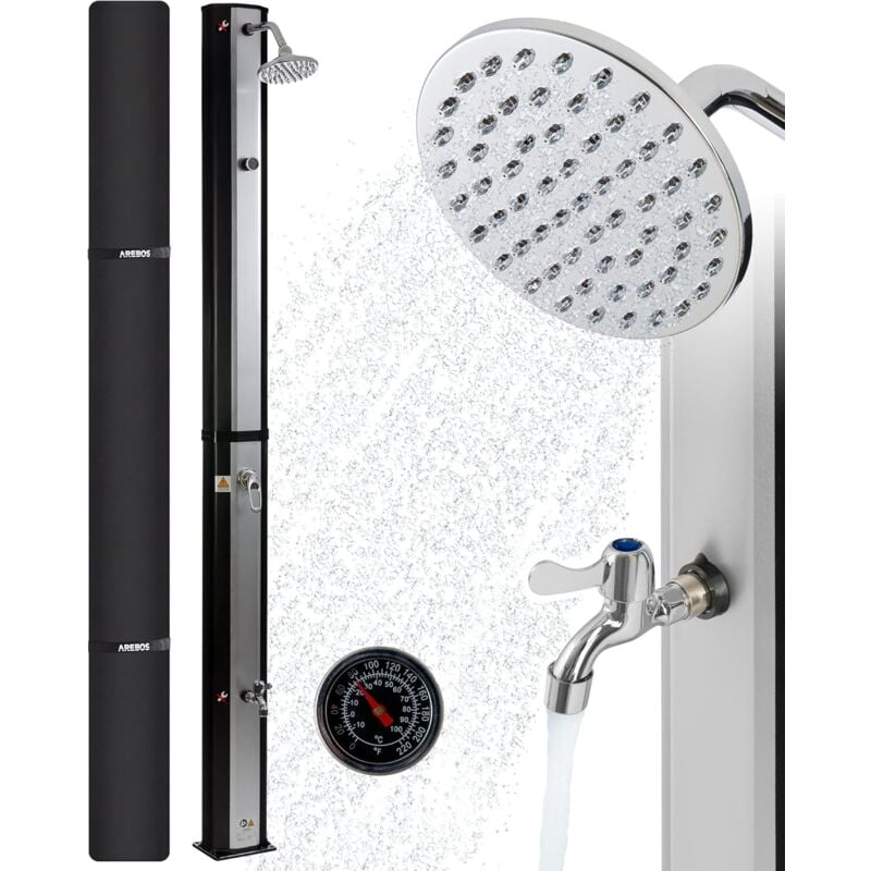 Arebos - Douche Solaire 35 litres 216cm incl. Capot de Protection avec thermomètre intégré pommeau de Douche Rond avec Douche de Pied Douche de