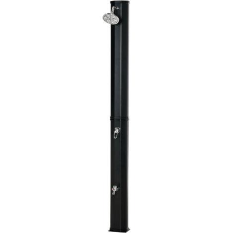 Douche solaire extérieure 35L, douche de jardin plage piscine avec pommeau et robinet, thermomètre intégré, eau froide et chaude max. 55°C, PVC ABS, noir, dim. 17,5L x 14,5L x 216H cm