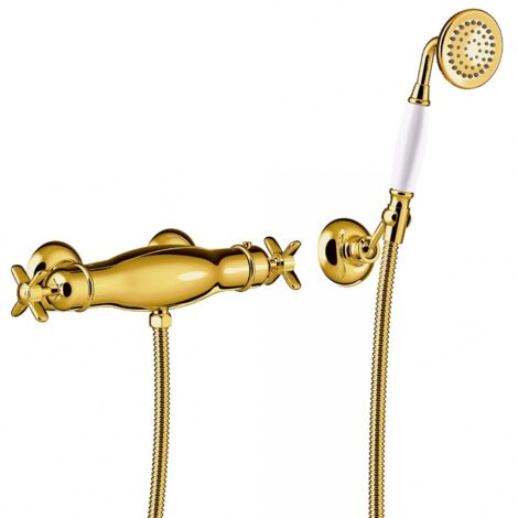 Douche thermostatique Douchette à main anticalcaire avec support orientable. Flexible double agrafage - TRES 24216409OR