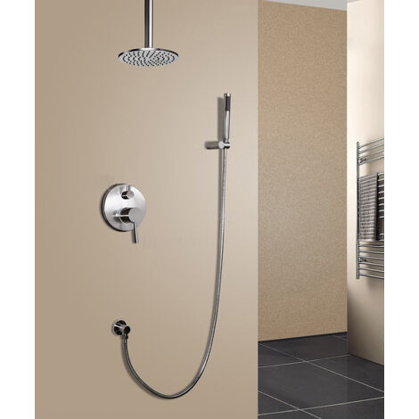 Douche thermostatique encastrée nickel brossé pommeau pluie 200 mm plafond, douchette avec support mural