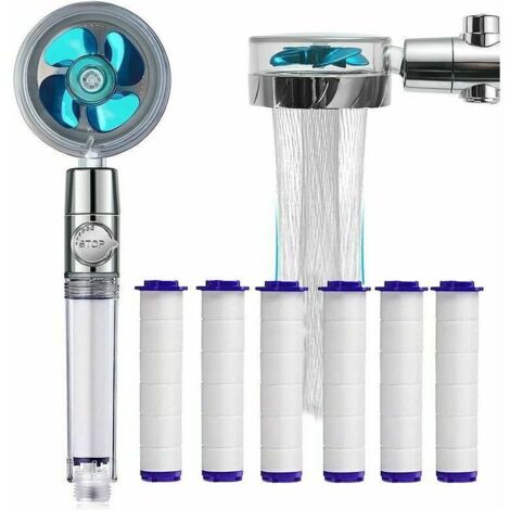 Douchette économique avec filtre anti-calcaire - Pommeau de douche à rotation de 360° - 6 éléments filtrants en coton PP (Bleu)