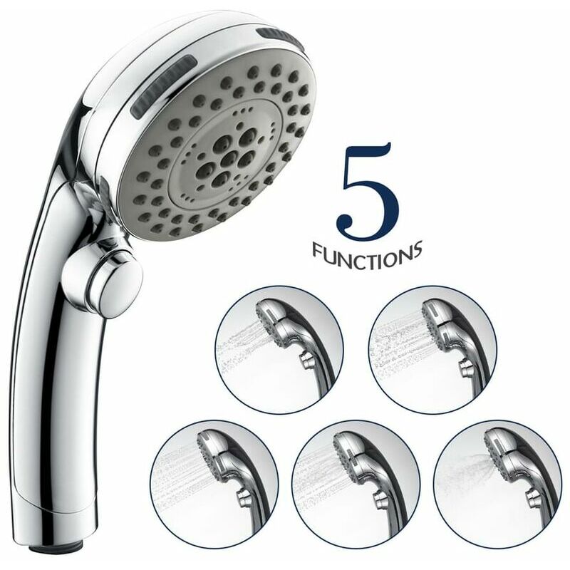 Dazzler - Douchette à main à 5 jets avec pomme de douche avec arrêt d'eau, pomme de douche haute pression chromée de 1/2 pouces réglable