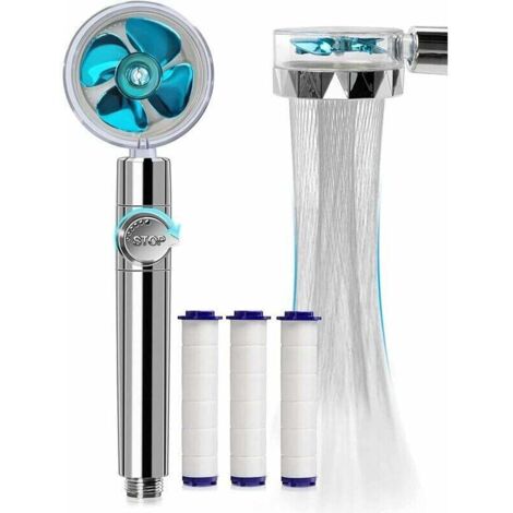 Douchette, Pommeau de Douche Anti Calcaire Economie Deau, Pommeau de Douche Helice Haute Pression Filtre à Trois Niveaux Système de Filtrage avec Filtre 3 Coton PP Remplaçable,(bleu)