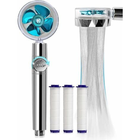 Douchette, Pommeau de Douche Anti Calcaire Economie Deau, Pommeau de Douche Helice Haute Pression Filtre à Trois Niveaux Système de Filtrage avec Filtre 3 Coton PP Remplaçable（bleu）