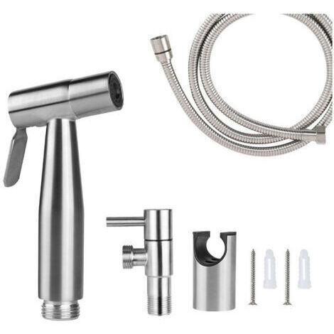 Douchette WC en acier inoxydable Tuyau 1,5 m Support mural Connexion G1/2 Kit d'hygiène et nettoyage multifonction