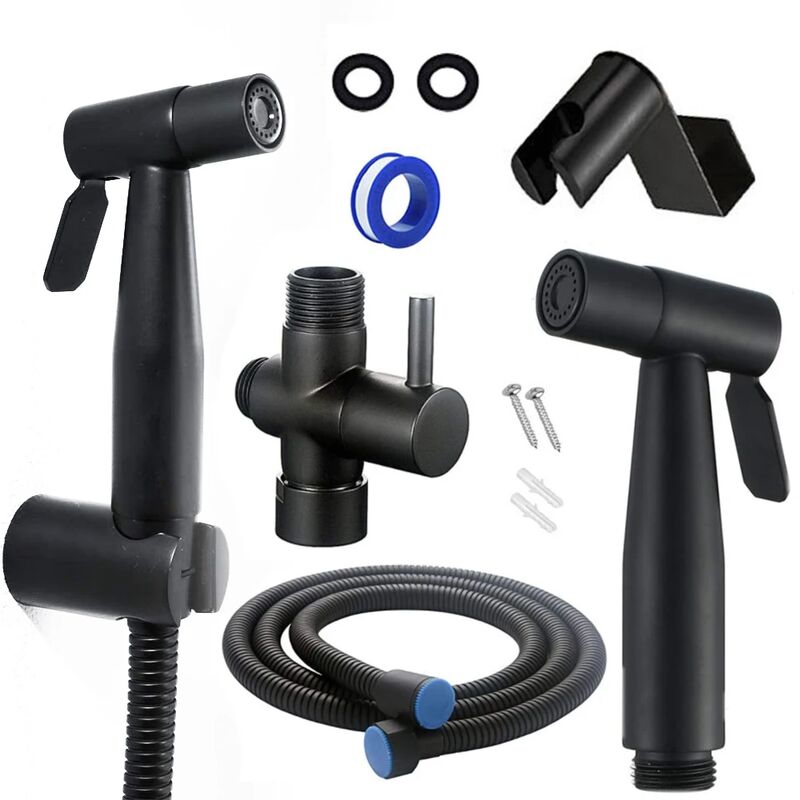 Douchette Wc Kit Complet - Kit Douchette Wc avec Vanne 3 Voies (1/2'-3/8') i Tailles Standards France (noir)