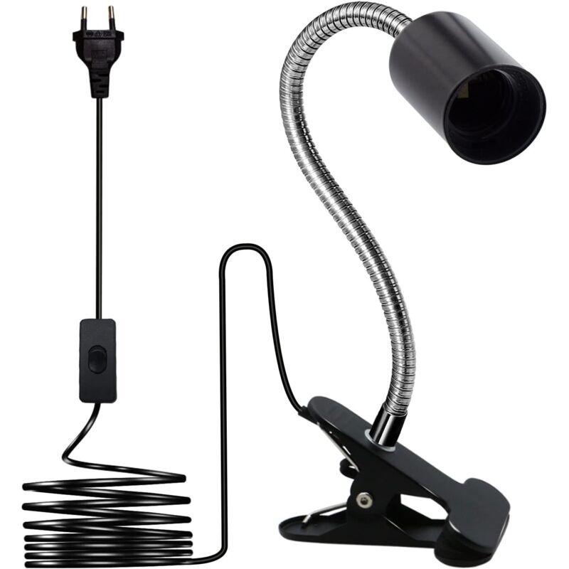 Douille Ampoule E27 à Pince,Lampe Pince,Douille Pince avec col de Cygne 350MM,Réglage 360 Degrés,Clip Base en Métal,220CM Cable Interrupteur,Spot