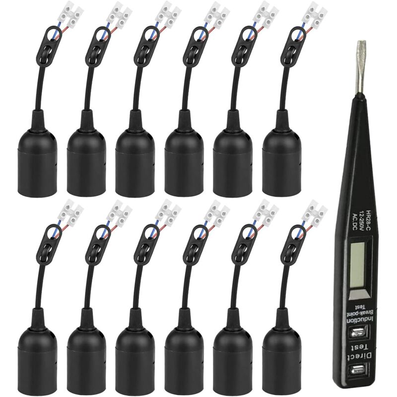 Douille de rechange E27-12 PCS Douille E27 Support d'ampoule + Tension VDE/testeur de Phase, 4A 250V Douille de lampe avec câble (max.60W),Base de