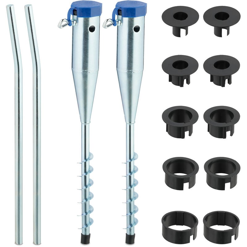 Douille de sol, lot de 2, parasol & séchoir, à visser, pour mâts de 25-55 mm, base d'ancrage, argenté - bleu - Relaxdays