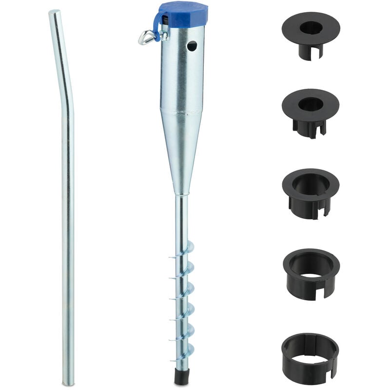 Douille de sol, pour parasol & séchoir, à visser, pour mâts de 25-55 mm, base d'ancrage, argenté - bleu - Relaxdays