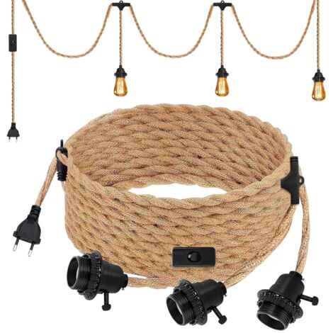 Douille E27 - 3 Unités - Corde De Chanvre - Câble 6,8m Avec Interrupteur - Pour Suspension DIY Cuisine Loft