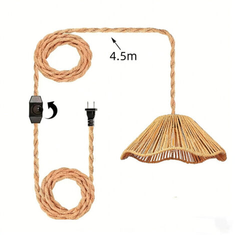 Douille E27 avec Interrupteur et Corde de Chanvre Câble 4.5M, Suspension Luminaire en Laiton Vintage, Lustre avec Abat-jour en Corde de Chanvre Tressé, Lampe Pendante Industrielle DIY avec Clip