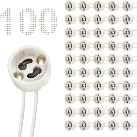Douille GU10 en céramique, Connecteur à ampoule 0,75 mm², Résistante à la Chaleur 600℃, Max 250V 300W, Fils silicone 15cm, Support de lampe pour ampoules LED GU10, Lot de 100