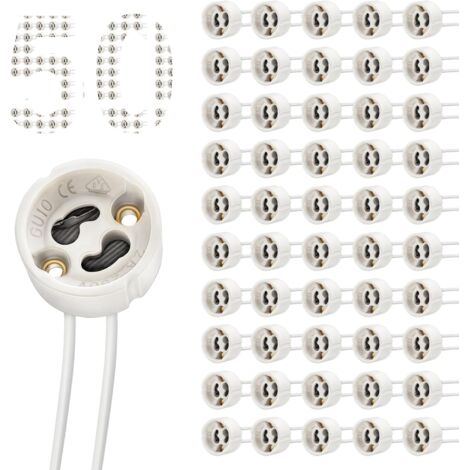 Douille GU10 en céramique, Connecteur à ampoule 0,75 mm², Résistante à la Chaleur 600℃, Max 250V 300W, Fils silicone 15cm, Support de lampe pour ampoules LED GU10, Lot de 50