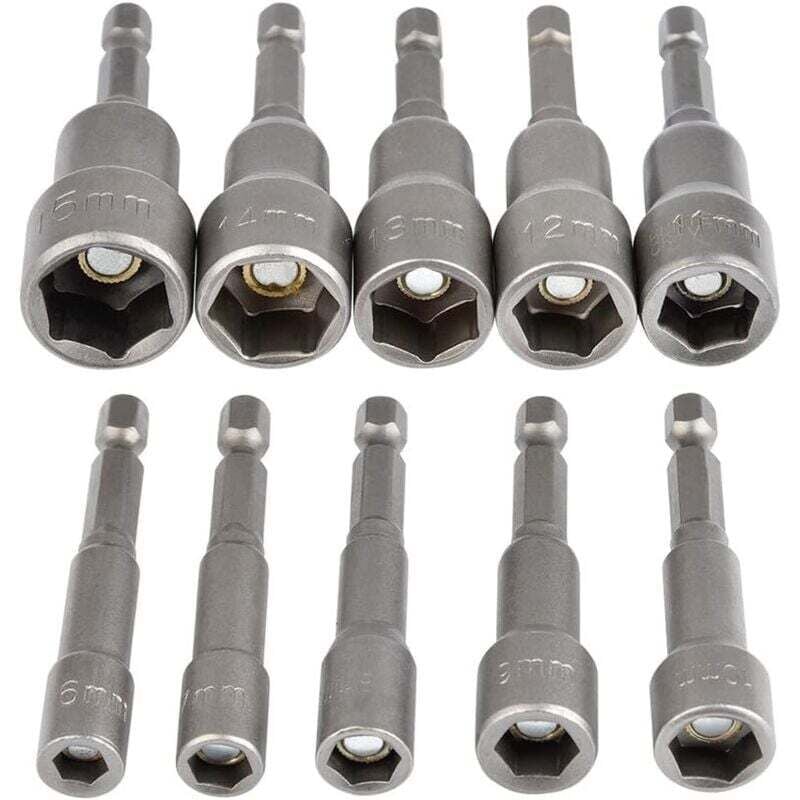 Image of Douille Magnétique Hexagonale 10Pcs 1/4 Pouce 6-15mm Adaptateur Prise Visseuse à Choc