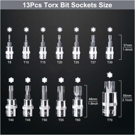 Douille Torx Male 1/2'', 1/4'', 3/8'', T8-T70 13 pièces