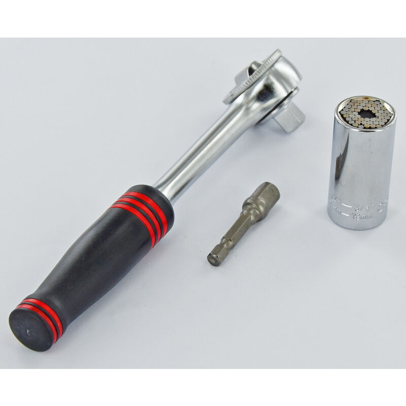 Tivoly - Lot Douille universelle Ø7 à 19mm + 1 clé à cliquet + 1 porte douille 1/4'