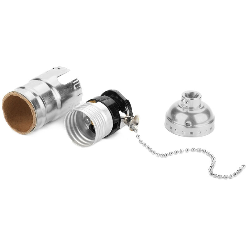 Douille vintage en aluminium E27 avec chane de traction pour lampe de bureau et support d'éclairage à vis (argent)