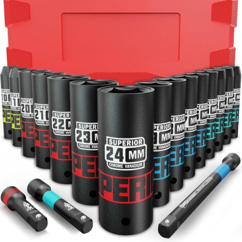Douilles à Choc 1/2", Coffret de 18 Métriques 10-24 mm, Longues pour la Réparation Automobile et le Remplacement des Pneus - 1/2" Deep pieces