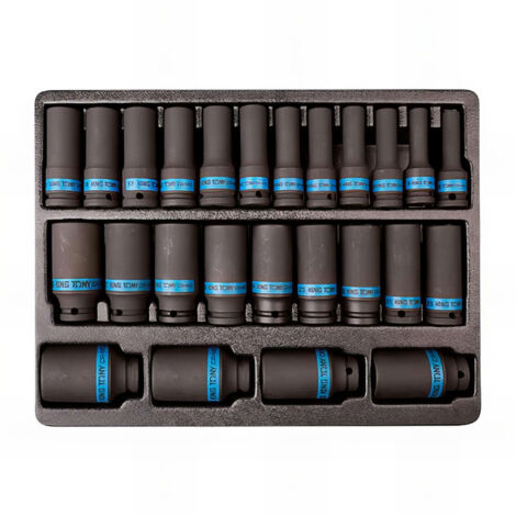 Douilles à chocs longues 1/2' métriques – Lot de 25 pièces – Empreinte 6 pans – Compatible clés à chocs – Pour mécanique et assemblage – King Tony - 25pcs